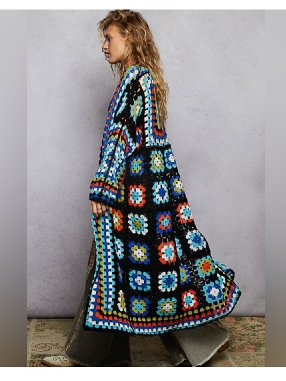 POL Crochet Maxi Cardigan - Black with Multicolor Floral Squares Granny Square